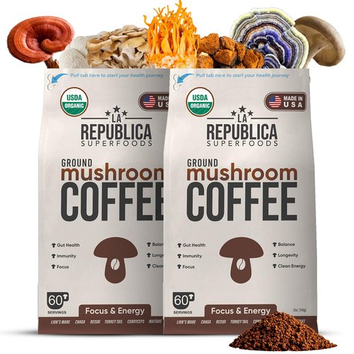 La Republica Organic Mushroom Coffee Ground 2-Pack (120 servings) made w/Shade Grown Arabica Coffee Beans, Lion's Mane, Reishi, Chaga, Cordyceps, Turkey Tail & More I USDA Non-GMO Fairtrade Low Acid