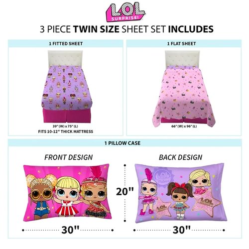 LOL Surprise Bedding Set Twin Bed - Bundle with Flat Sheet, Fitted Sheet, and Double Sided Pillowcase for Twin Bed Plus Stickers, More | LOL Surprise Bedroom Decor