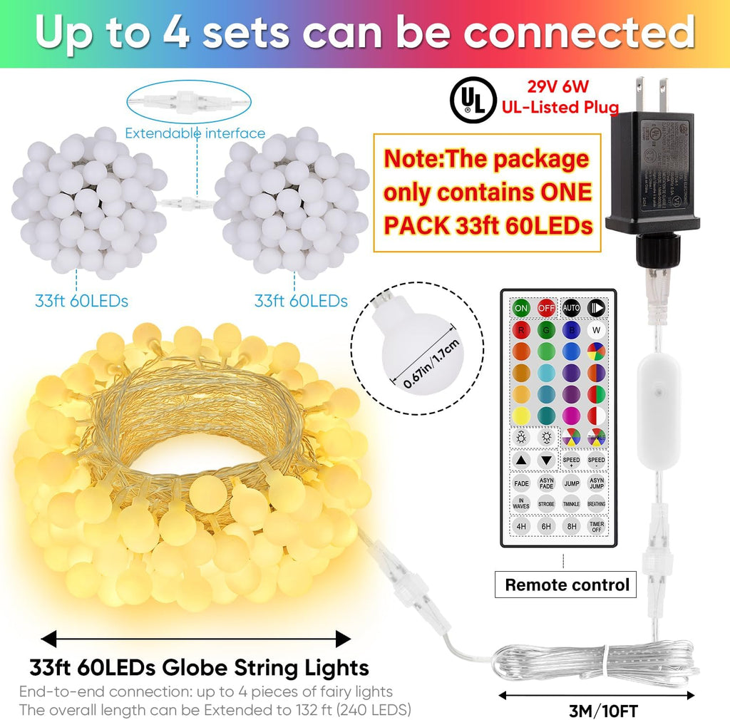 OMIKA 33FT Connectable Globe String Lights - 24 Color Changing Fairy Lights with Remote | 60 LEDs, 128 Modes, Waterproof for Indoor/Outdoor Use
