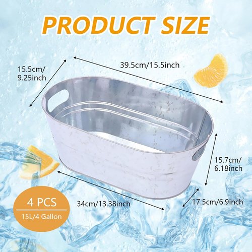 4 Pack 4 Gallon Galvanized Ice Buckets for Parties, Large Metal Beverage Drink Tub Cooler with Leak-Proof Carry Handles, Heavy Duty Drink Tin Bins for Beer, Champagne and Wedding Bar Supplies