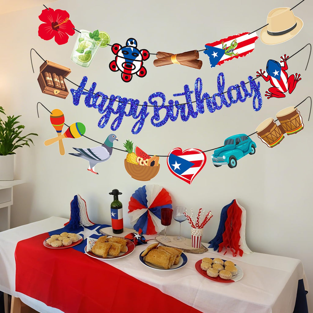 Puerto Rico Party Supplies Puerto Rican Birthday Banners Glitter Blue Puerto Rican Themed Decorations 3PCS Puerto Rican Flag Banners for Patriotic Anniversary Veterans Day Decor