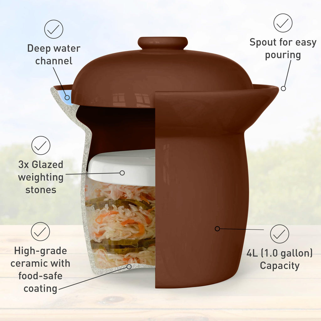 Zetilli Fermentation Crock Jar Fermenting Crock with Glazed Weights- Onggi Kimchi Pot for Fermenting Delicious Kimchi, Kombucha & Pickles - Stoneware Sauerkraut Crock Pickling Fermenter (4L BROWN)