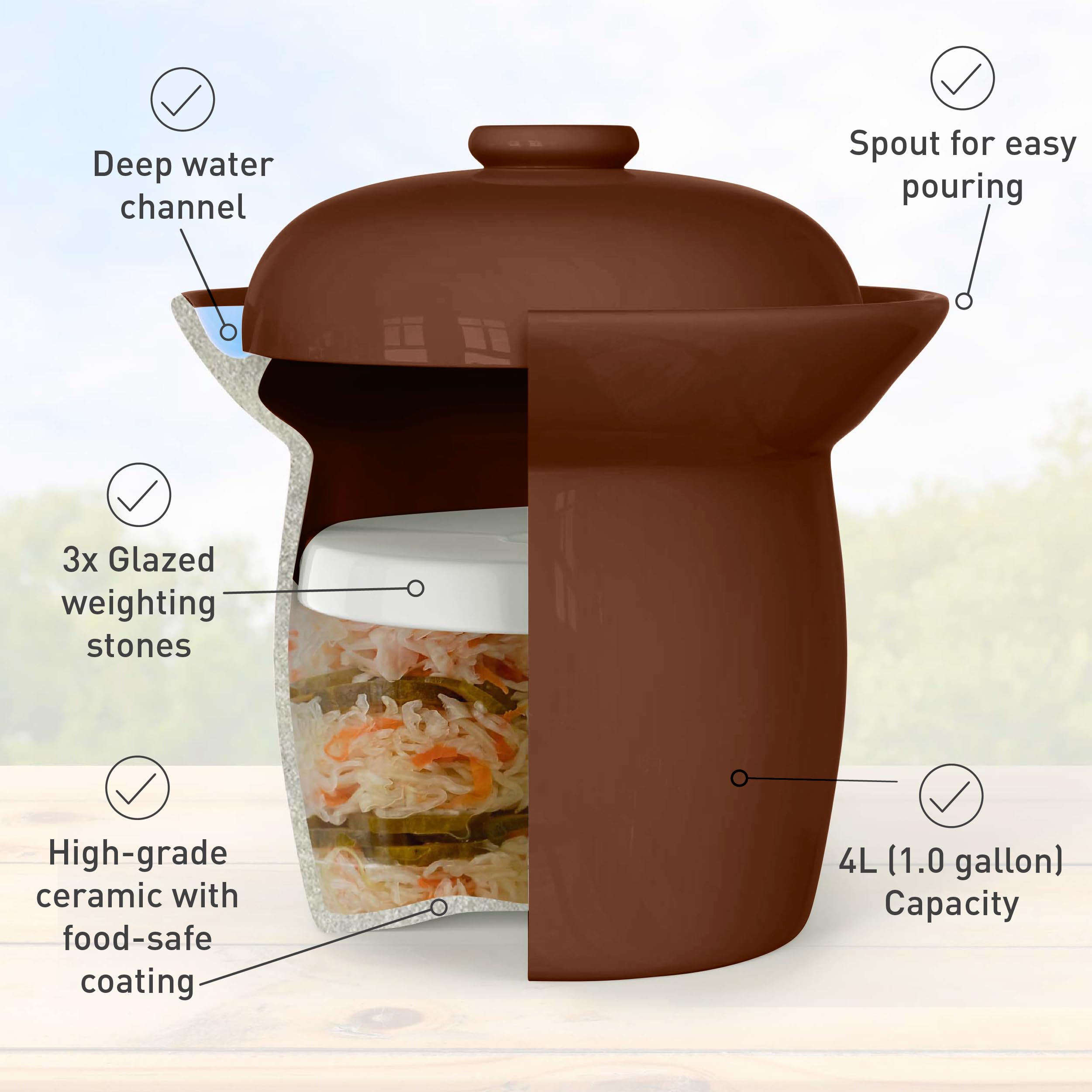 Zetilli Fermentation Crock Jar Fermenting Crock with Glazed Weights- Onggi Kimchi Pot for Fermenting Delicious Kimchi, Kombucha & Pickles - Stoneware Sauerkraut Crock Pickling Fermenter (4L BROWN)