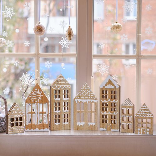 Briwooody 7 Pcs Christmas Village Houses Wooden Christmas Village Set Gingerbread House Decor Wood Ginger Bread Decor Winter Desk Shelf Ornament for Home Office Coffee Bar Tabletop(Gingerbread Colors)