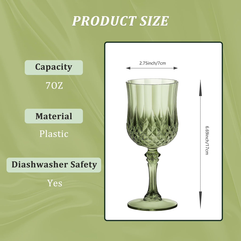 HTTBEIZI 7OZ Plastic Wine Glasses, Reusable Vintage Goblets Unbreakable Drinking Glasses Crystal Water Cups Champagne for Wedding, Parties (48, Light Green)