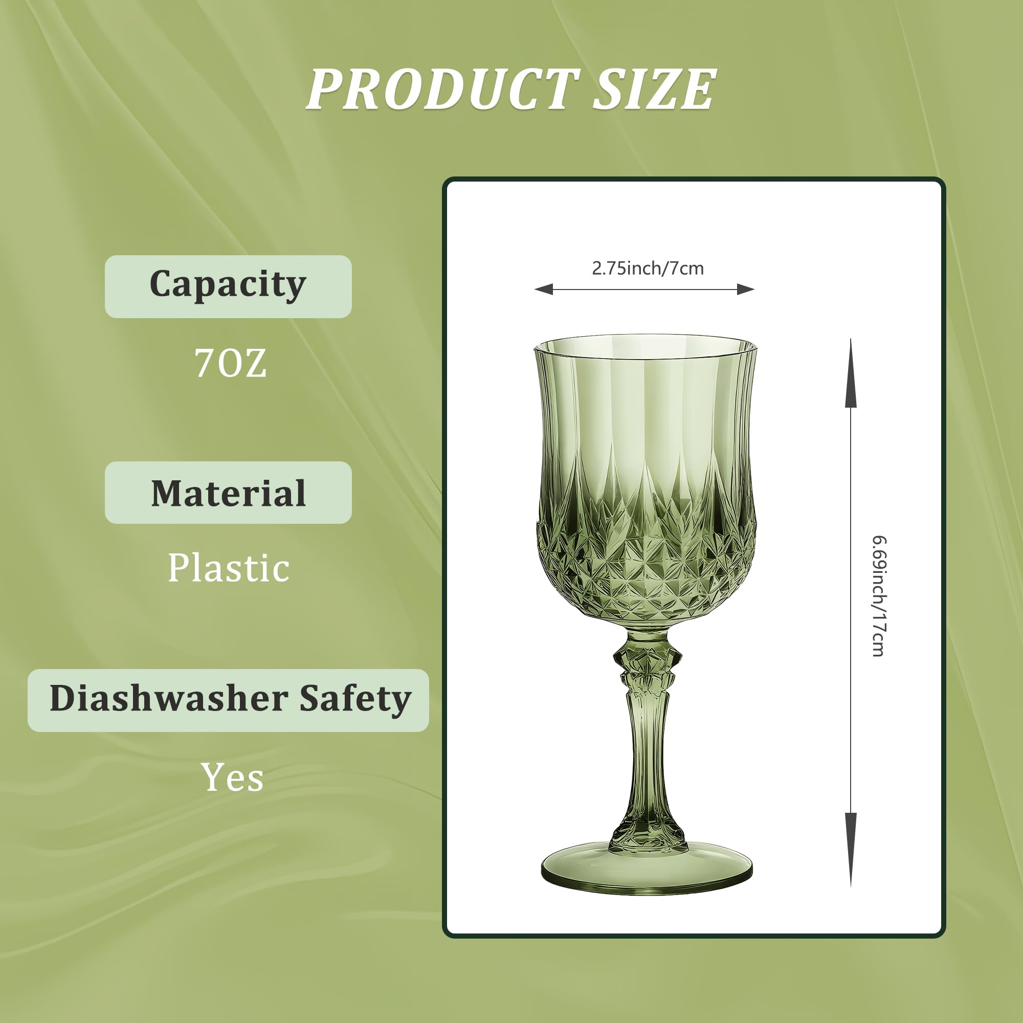 HTTBEIZI 7OZ Plastic Wine Glasses, Reusable Vintage Goblets Unbreakable Drinking Glasses Crystal Water Cups Champagne for Wedding, Parties (48, Light Green)