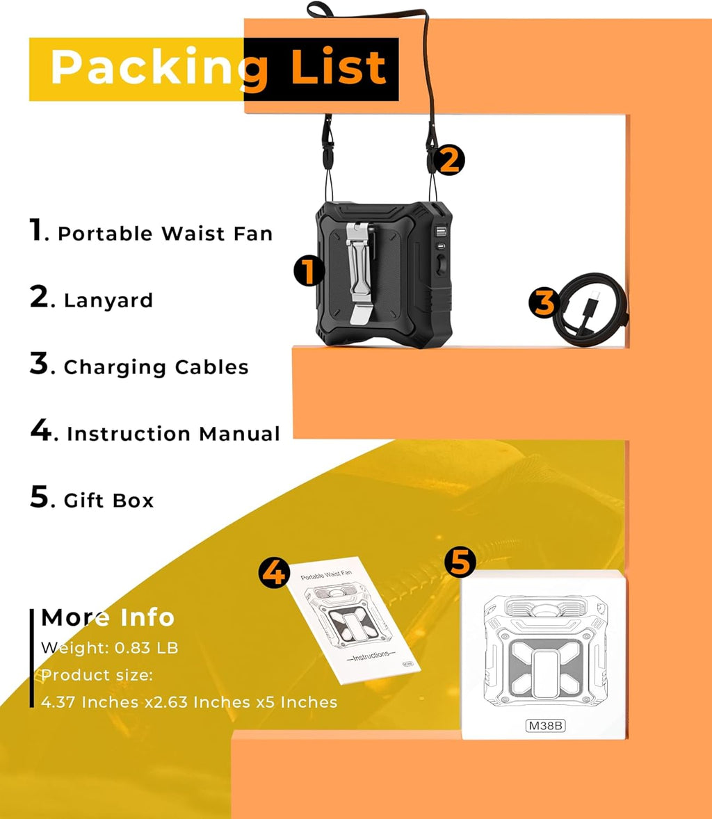 TUNISE Portable Fan - 5-Speed Dual-Sided Clip-On Waist Fan with 8000mAh Power Bank & Flashlight