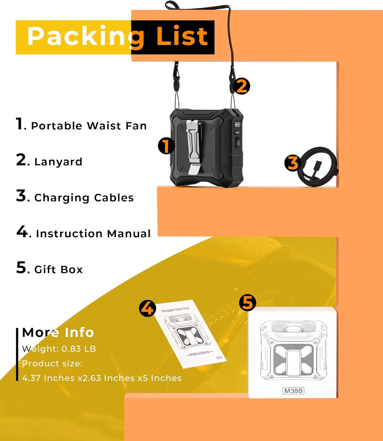 TUNISE Portable Fan - 5-Speed Dual-Sided Clip-On Waist Fan with 8000mAh Power Bank & Flashlight
