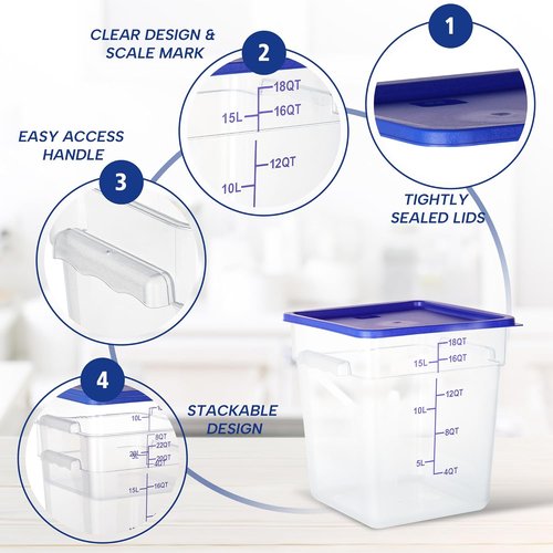 Clear NSF Food Storage Containers - 18 Quart Square Set with Lids & Scale | 4 Pack Polycarbonate