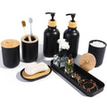 FNGJMJG Matte Black Bathroom Accessories Set 7 Pcs,Bamboo Bathroom Accessories Sets,Black Soap Dispenser and Toothbrush Holder Set,Qtip Holder,Vanity Tray,Soap Dish,Modern Bathroom Decor