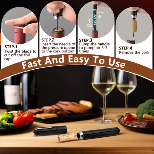 Air Pressure Wine Opener & Vacuum Stopper Set - NUCOKRS Pen Style Corkscrew with Foil Cutter, Opens in 3-7 Pumps, Preserves Wine Freshness, Idea Gift for Wine Lovers