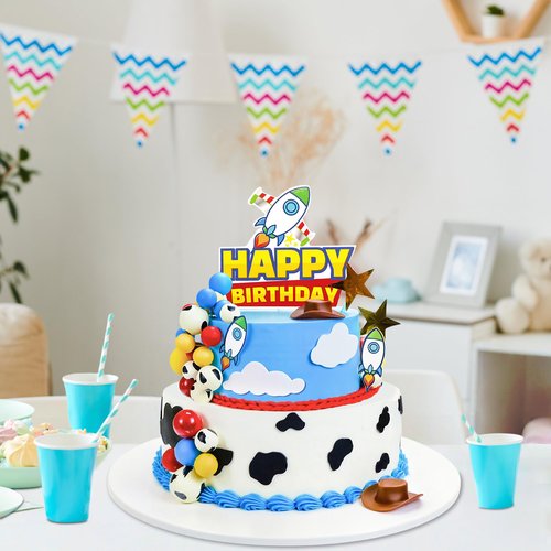 57Pcs Cartoon Story Birthday Cake Toppers Infinity and Beyond Blue Sky White Cloud Cow Print Cake Topper Toy Theme Party Decoration