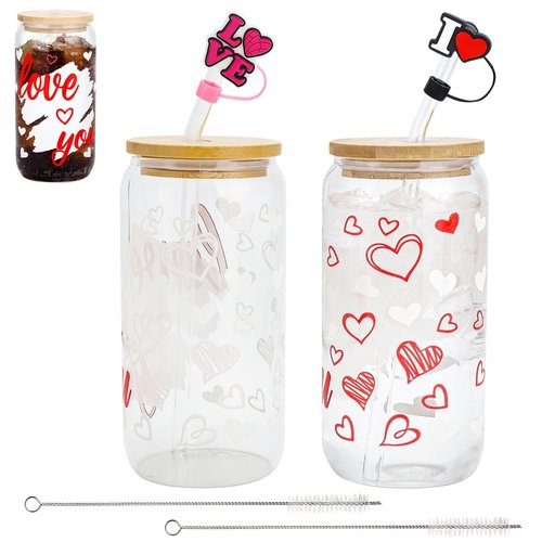 2 Pcs Valentine's Day Glass Cups 16 oz Color Changing Cups with Lids & Straws Iced Coffee Tumbler Drinking Mug with Printed love you Red Heart for Galentines Couple Wedding Anniversary Birthday Gifts
