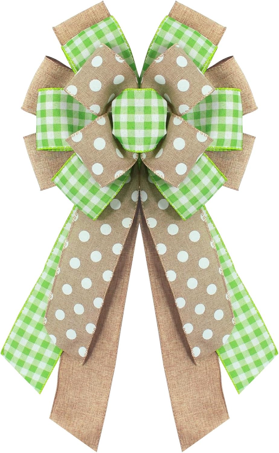 Skiennix Spring Wreath Bow - Natural Green Dots & Buffalo Plaid Design | Perfect for Easter & Home Decor