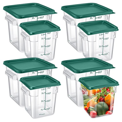 Suclain 8 Pack 4 QT and 6 QT Food Storage Containers with Lids Scales Handles Square Clear Restaurant Food Storage Containers Polycarbonate Commercial Grade for Kitchen Marinating Meat Dough(Green)