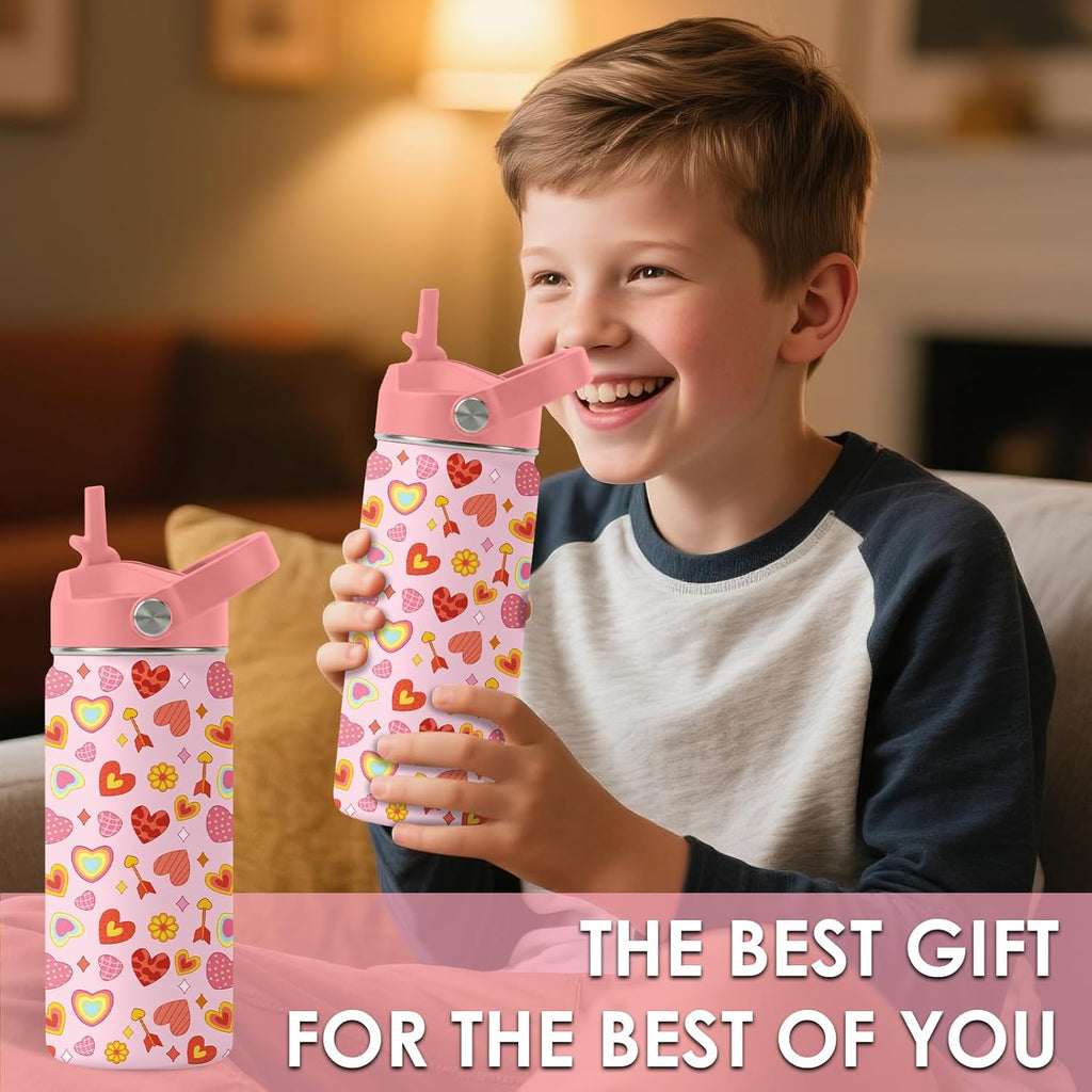 Skiennix Heart Pattern Kids Water Bottle - 16 Oz Stainless Steel Insulated Tumbler, Leak Proof, BPA-Free, Perfect for School & Travel