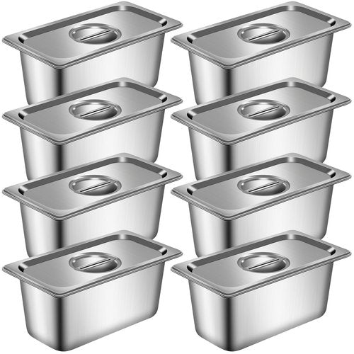 8 Pack 1/3 Size Hotel Pans with Lids, 6 Inch Deep 1.2mm Thick, Commercial Stainless Steel Chafing Steam Table Pan, Catering Storage Metal Food Pan