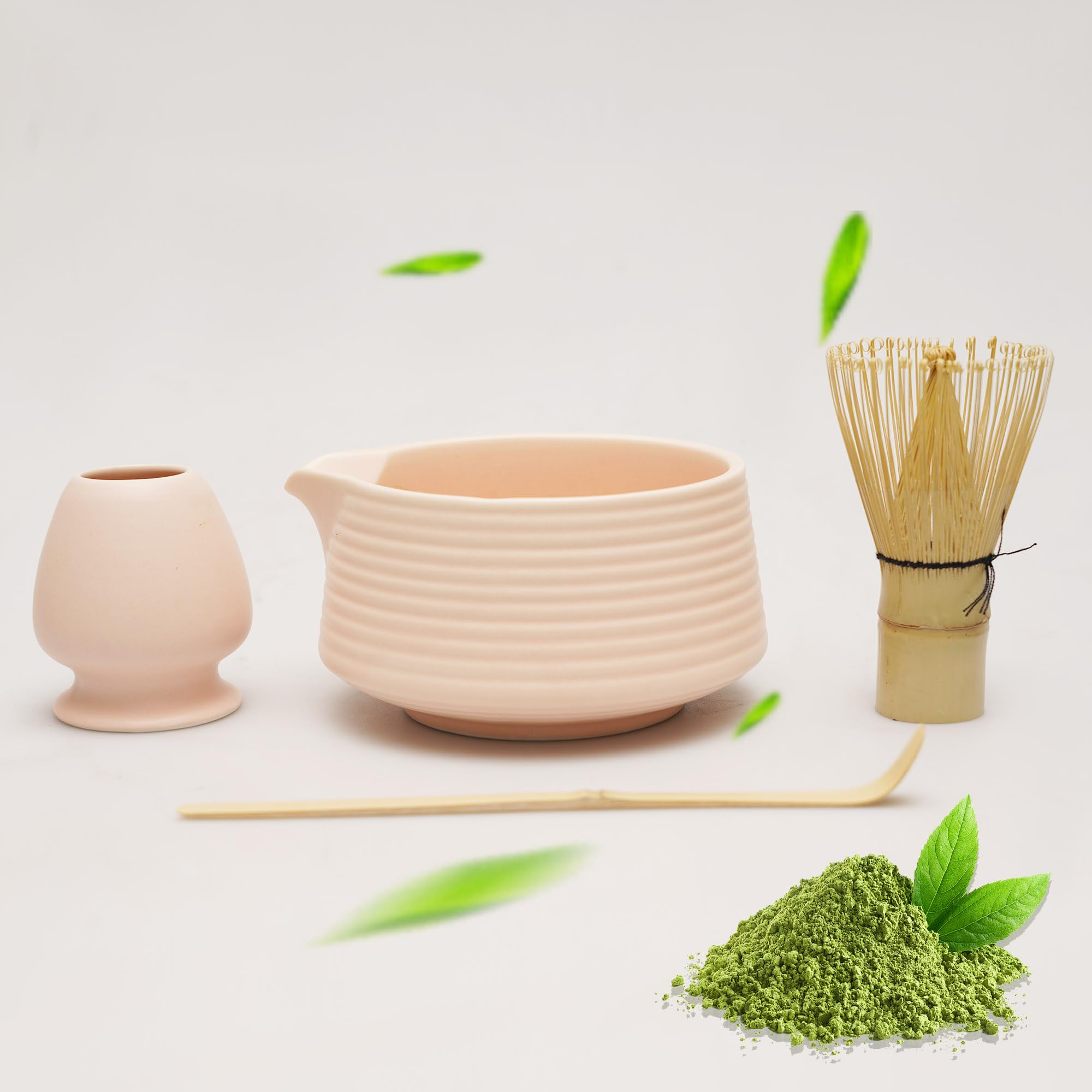 EINZUFUF Matcha Set - 4-Piece Japanese Matcha Whisk Set, Includes Bowl with Spout, Whisk, Scoop & Holder, Ceramic White