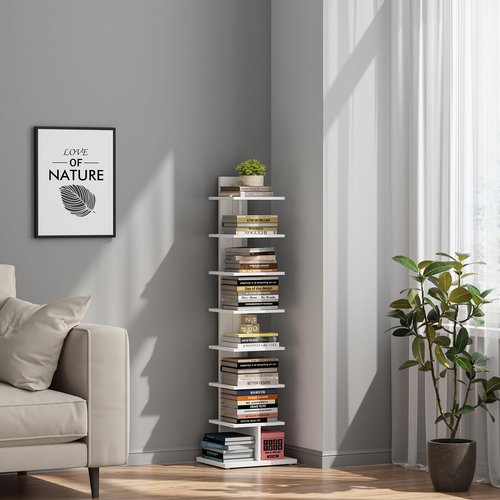 TUTOTAK Narrow Bookshelf, 8-Tier Bookcase, Spine Book Shelf for Small Space, Corner Standing Shelf for Living Room, Office, Study, Entryway, White BS06BW008
