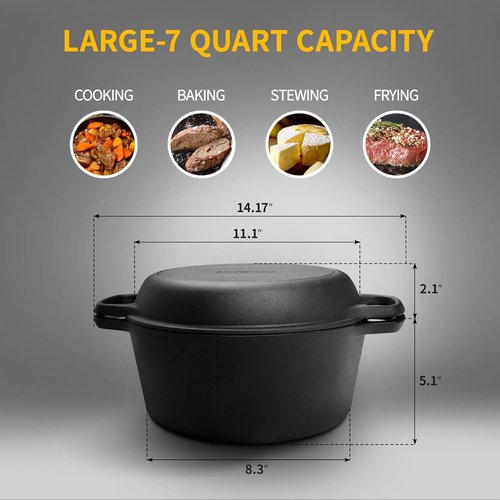 Edging Casting 2-in-1 Pre-Seasoned Cast Iron Dutch Oven & Skillet Lid | 7QT Cooking Pan for Baking & Frying