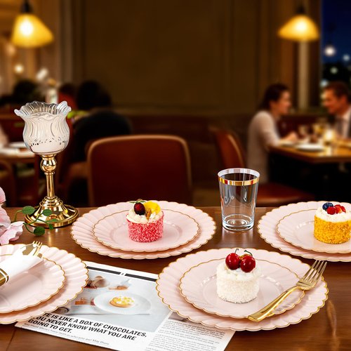 YOUBET 350PCS Pink Scalloped Plastic Plates - Pink and Gold Disposable Dinnerware Set Include 100 Plates, 150 Gold Silverware, 50 Cups, 50 Napkins for Wedding & Party Valentines Day
