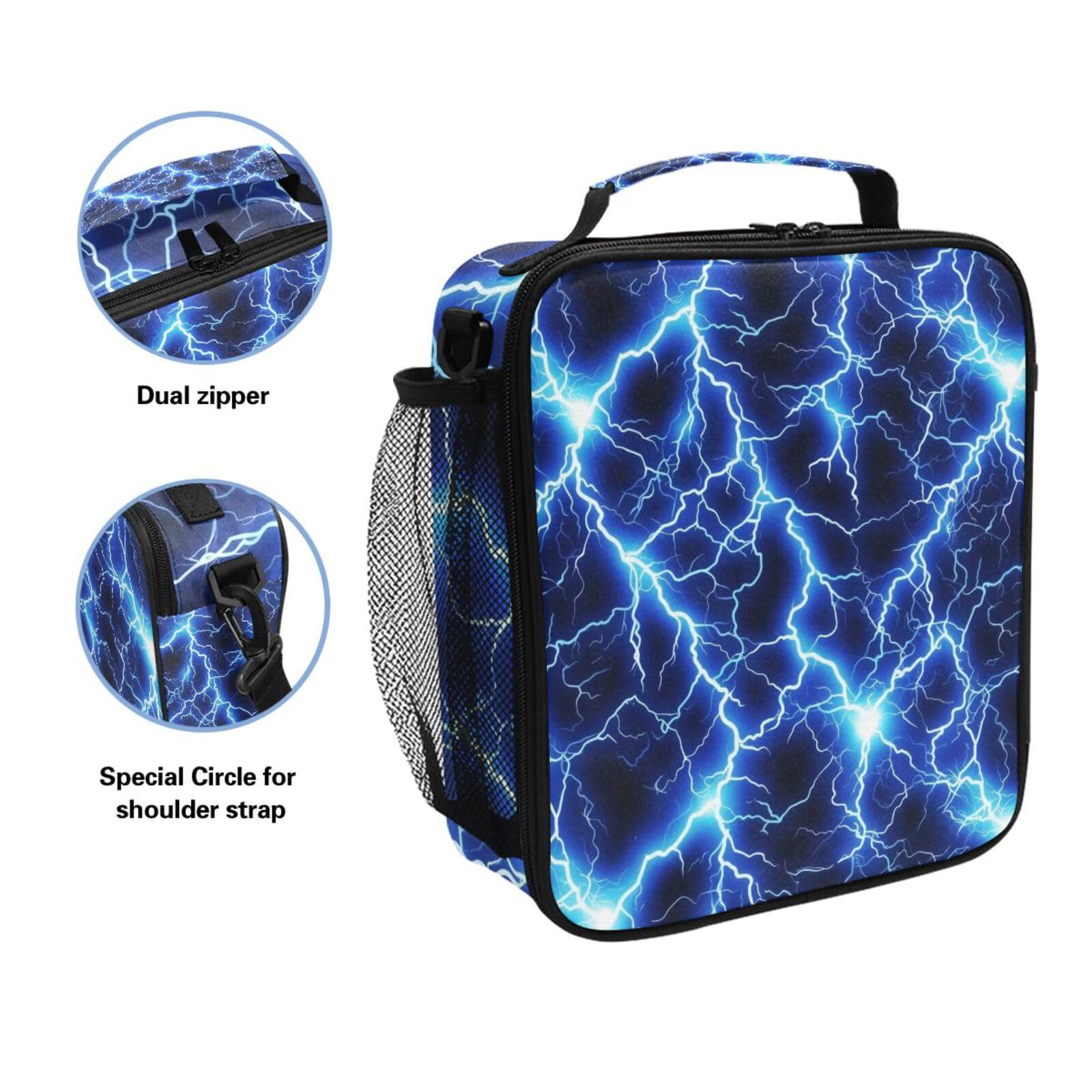 WEVIBOFU Blue Lightning Lunch Box for Girls Boys Insulated Lunch Bag with Adjustable Shoulder Strap Kids Thermal Tote Bags Cooler School Travel Picnic