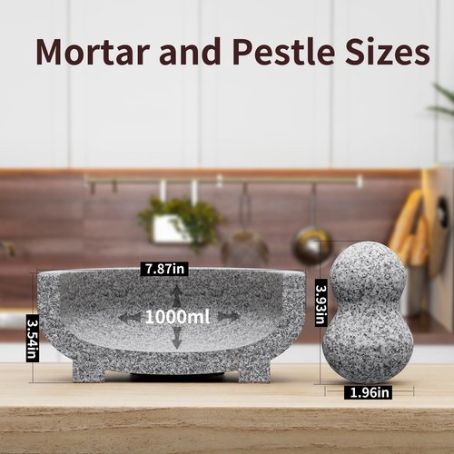 Large Mortar and Pestle - 4 Cup Unpolished Granite Bowl Molcajete Mexican Mortar Handmade Stone Grinder for Guacamole Pastes Pestos in Family Day, Mortar and Pestle, Gray, 8 Inches