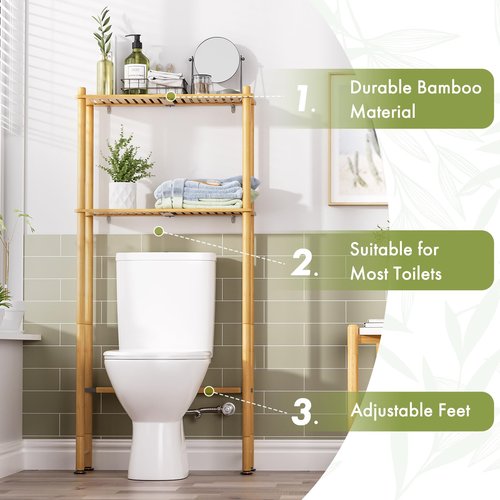 AmazerBath Bamboo Over The Toilet Storage Shelf, 2-Tier Over Toilet Organizer Rack, Freestanding Above Toilet Shelf for Bathroom, Laundry, Space Saver, Natural Color