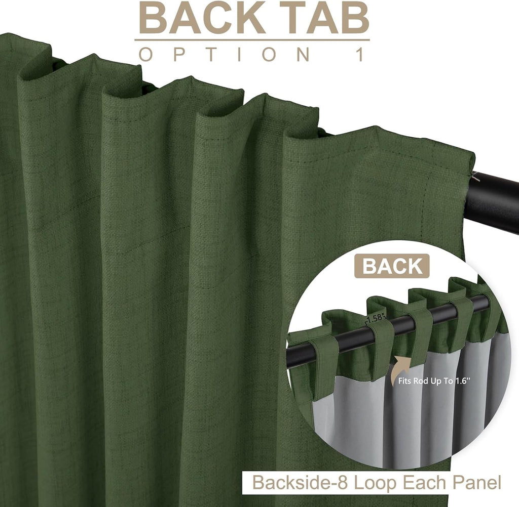 Skiennix 100% Blackout Linen Curtains - Thermal Insulated Drapes for Bedroom | Moss Green, 50" W x 108" L, 2 Panels Set