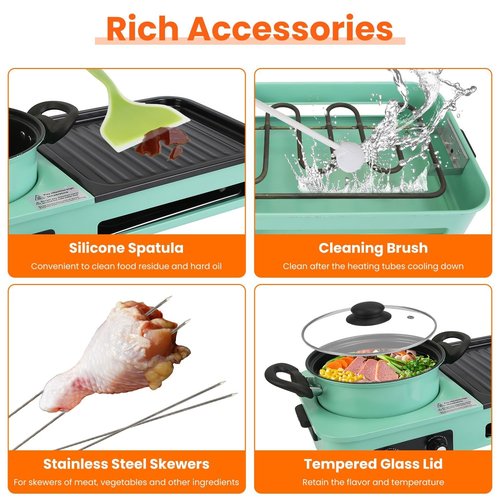 TeqHome Electric Hot Pot with Grill,1600W 3-in-1 Smokeless Raclette Table Grill for Kitchen, Barbecue Shabu Hot Pot with Non-Stick Cooking Removable Plate,Dual Temperature Control & Dishwasher Safe