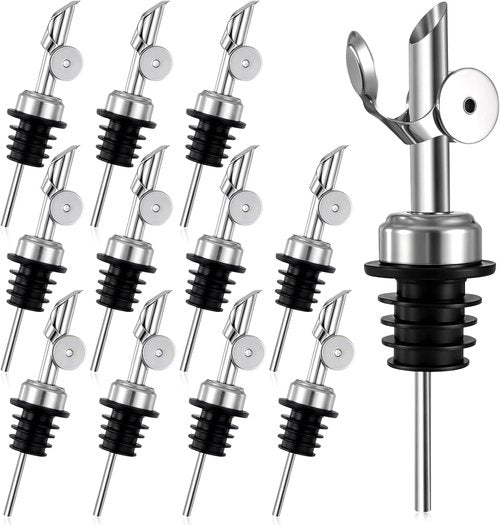 12 Pack Olive Oil Dispenser Spout Speed Liquor Pour Spout with Flip Top Stainless Steel Pour Spouts for Bottles Weighted Liquor Pours Spouts with 12 Adapters for Large Neck Bottles