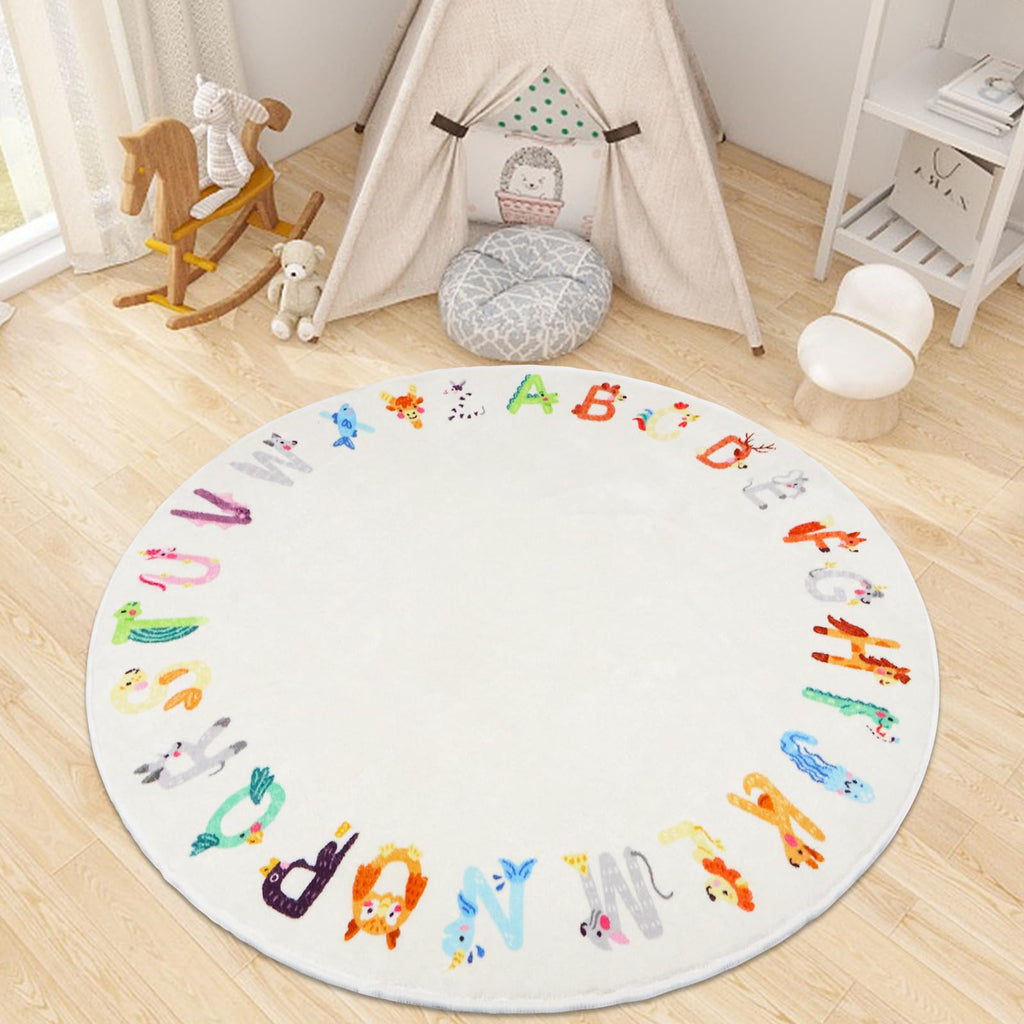 5.2ft Round ABC Animal Kids Rug, Washable Non-Slip Educational Alphabet Play Mat, Cute Carpet for &, Bedroom Classroom(for Age 2+,White)
