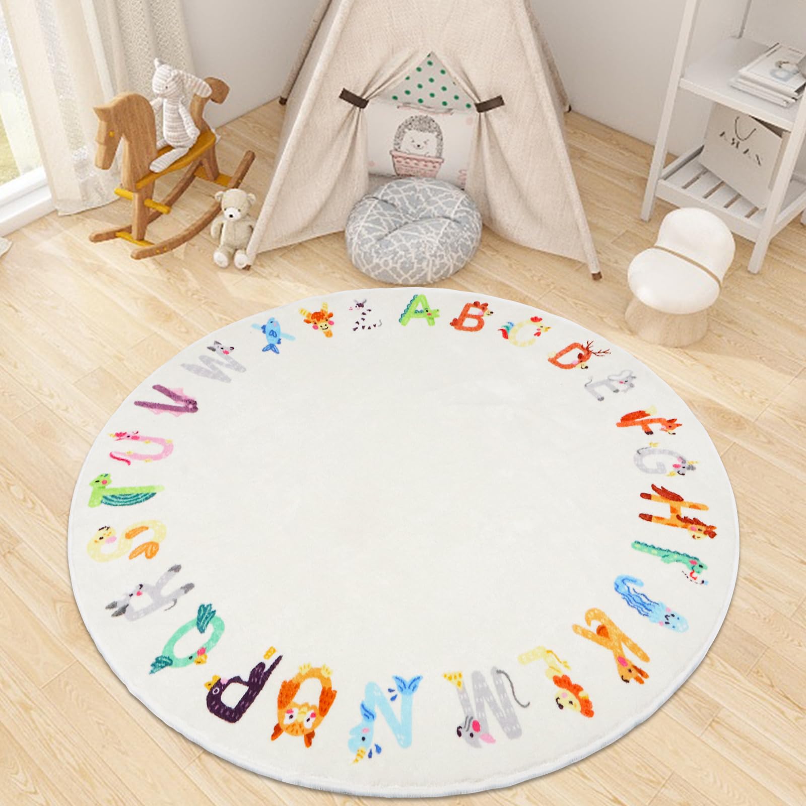 5.2ft Round ABC Animal Kids Rug, Washable Non-Slip Educational Alphabet Play Mat, Cute Carpet for &, Bedroom Classroom(for Age 2+,White)