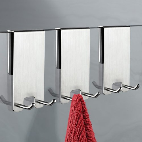 Taozun Shower Door Hooks, 3-Pack Towel Hooks for Bathroom Frameless Glass Door, Shower Squeegee Hook, Silver, Stainless Steel
