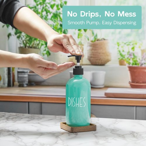 Turquoise Glass Dish Soap Dispenser with Acacia Wood Tray, 16 oz Refillable Kitchen Soap Pump Bottle, Decorative Teal Countertop Soap Dispenser Set for Kitchen, Bathroom, Restaurant