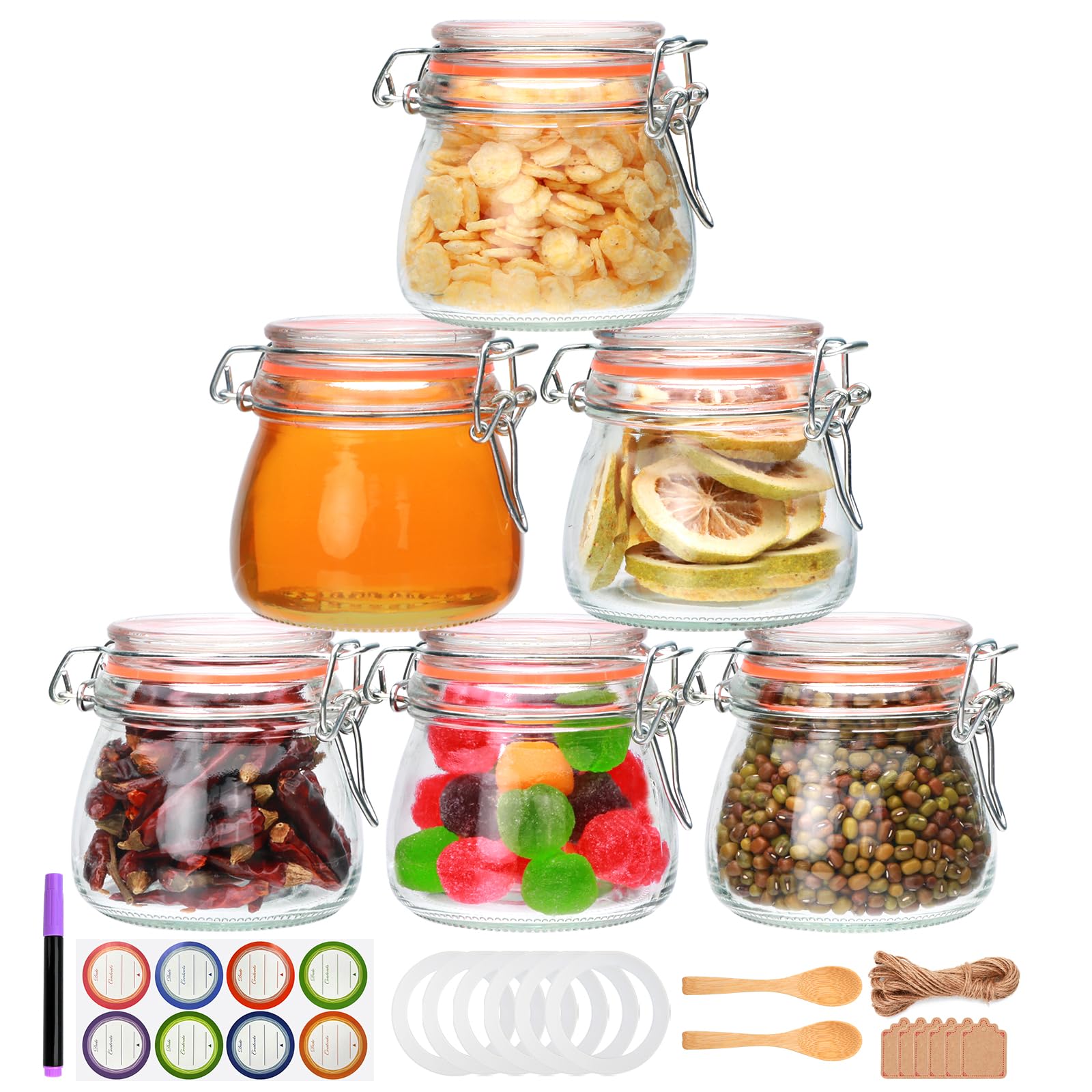 Flrolove 5oz 6pack Glass Jars with Airtight Lid, Glass Food Storage Containers with Lids, Mason Jars, Wire Clip Fastening for Cereal, Flour, Cookie, Spice, Honey, Kitchen Canning