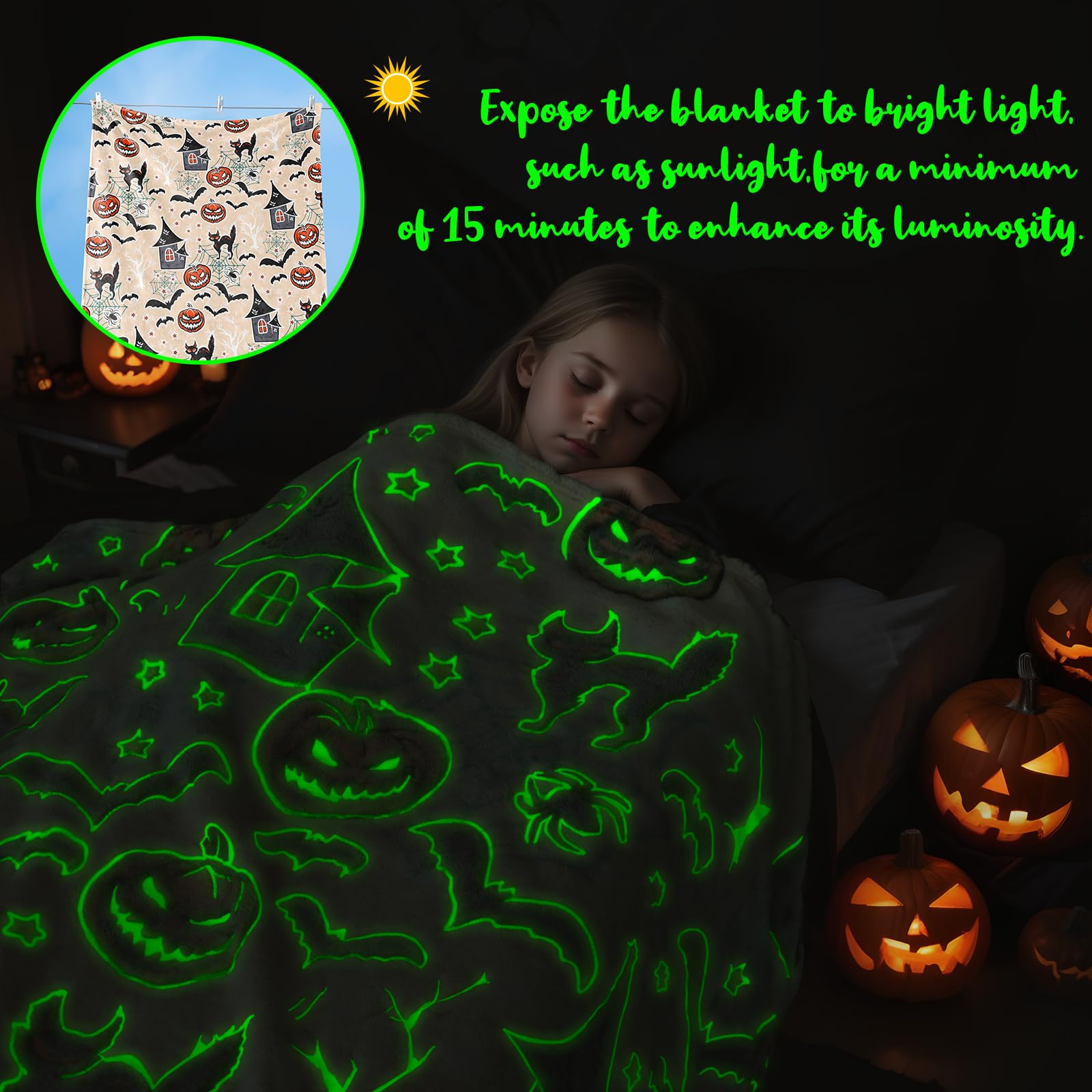 UOFON Halloween Pumpkin Blanket Kids Glow in The Dark Blanket Black Cat Halloween Decor Gifts for Women Boys Girls 50"x60"