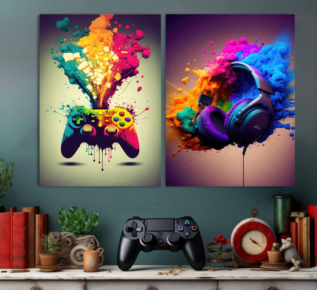 XOIHUR Gamepad Wall Art - Colorful Graffiti Gaming Decor | 2-Piece Set, 16x24 Inch Unframed Prints