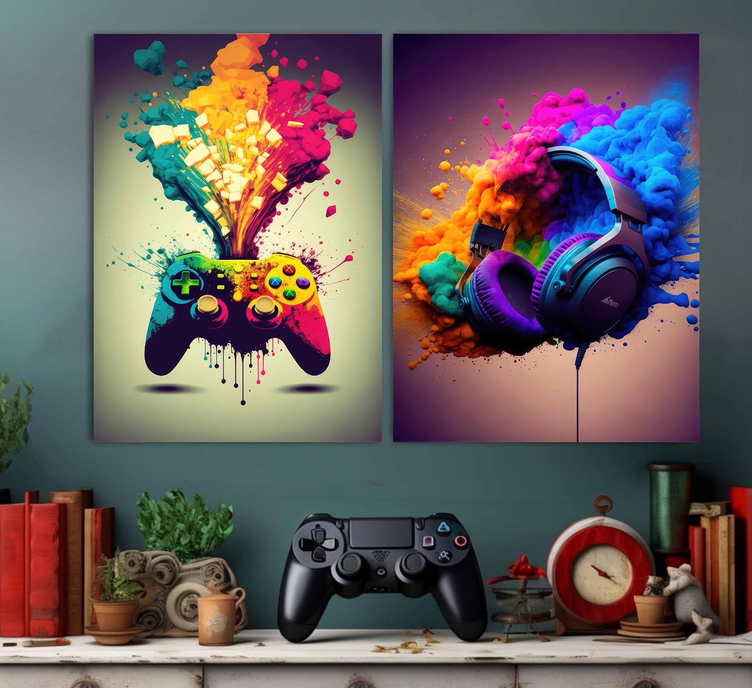 XOIHUR Gamepad Wall Art - Colorful Graffiti Gaming Decor | 2-Piece Set, 16x24 Inch Unframed Prints