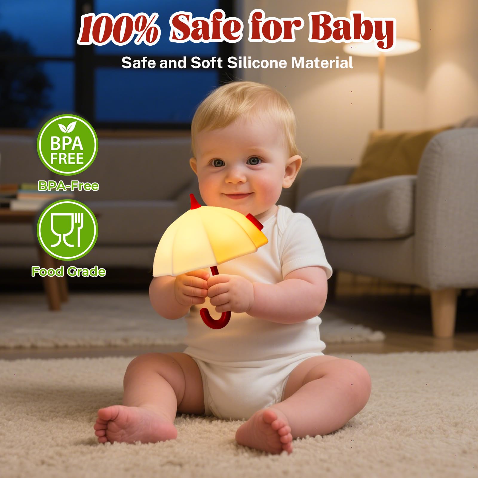 Umbrella Night Light for Kids, 3 Levels Dimmable Silicone Tap Lamp for Baby Nursery, Rechargeable Squishy Bedside Night Lamp for Bedroom, Light-Up Magnetic Fridge Magnets for Kitchen (White)