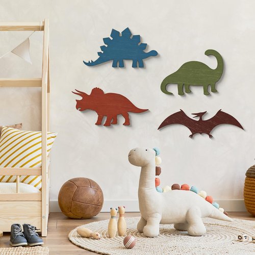 4 Pcs Dinosaur Wall Decors Wooden, Boys Dinosaurs Playroom Wall Decor, Farmhouse Dinosaur Gifts for Home Kitchen Bathroom Office Decoration