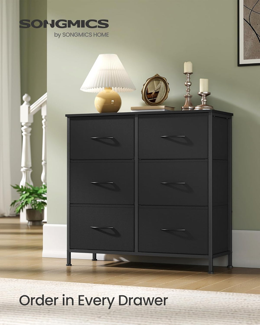 SONGMICS Dresser - Versatile Chest of Drawers & TV Stand with 6 Fabric Storage Bins | Ink Black & Ebony Black