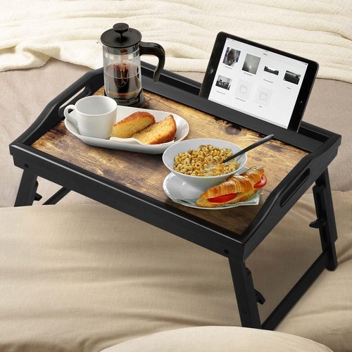 2 Pack Bed Tray Table with Adjustable Legs Breakfast Trays Serving Tray Bamboo Bed Laptap Floding Legs with Handles and Phone Holders