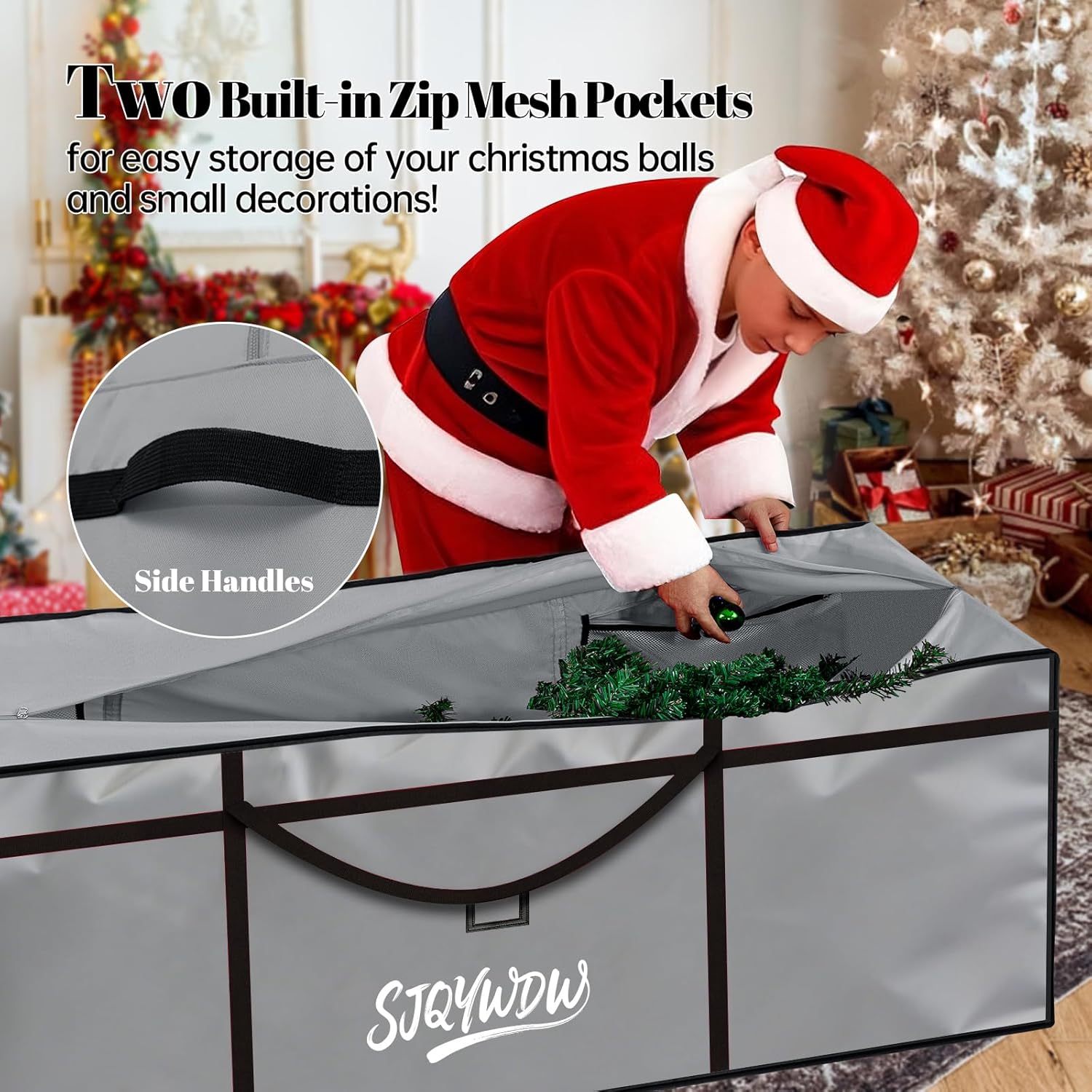 Skiennix Christmas Tree Storage Bag - 9 Ft Heavy Duty 600D Oxford Cloth with Double Zippers & Mesh Bags | Gray