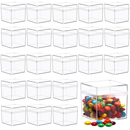Leinuosen 100 Pcs 2 x 2 x 2 Inch Clear Acrylic Plastic Box with Lid Square Candy Containers for Party Favors Small Square Cube Storage Candy Box for Pill Tiny Earring Jewelry Herb Bead Gifts