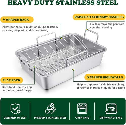E-far Stainless Steel Roasting Pan - 16 x 11.5 Inch Turkey Roaster with V-Shaped Rack | Heavy Duty & Dishwasher Safe