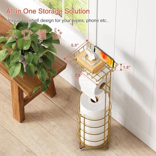 Goozii Gold Free Standing Toilet Paper Holder - Stylish Floor Stand with Phone Shelf & Wipes Tray