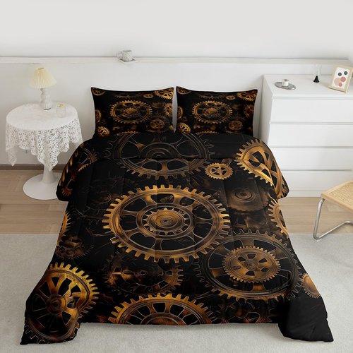 Golden Ndustrial Gear Comforter Set Twin Size Steampunk Style Bedding Set Clocks Theme Bedding Sets & Collections For Kids Boys Teens Men Mechanical Device Quilt Set,Retro Style Bedroom Decor