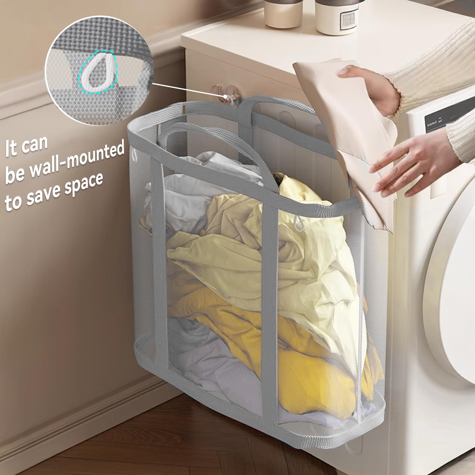 Portable Laundry Hamper (11 Gallon), Mesh Laundry Tote with 4 Hanging Cords&Sturdy Handles, Foldable Large Capacity Laundry Basket for Bathroom, Dorm, Bedroom or Travel