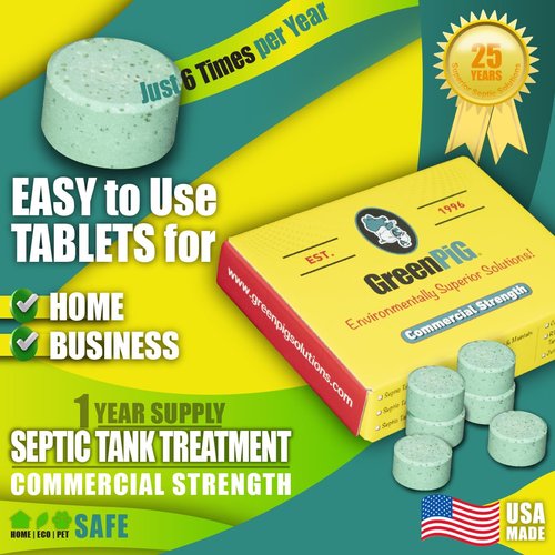 Green Pig Septic Tank Treatment Pucks – Enzyme & Bacteria-Based Treatment for Preventative Septic Maintenance, Helps Reduce Odors & Buildup, 1-Year Supply (6 Pucks)